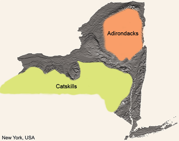 Map of the Catskills and the Adirondacks in New York.