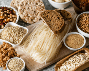 Various gluten-free foods and ingredients on a wood cutting board and table.