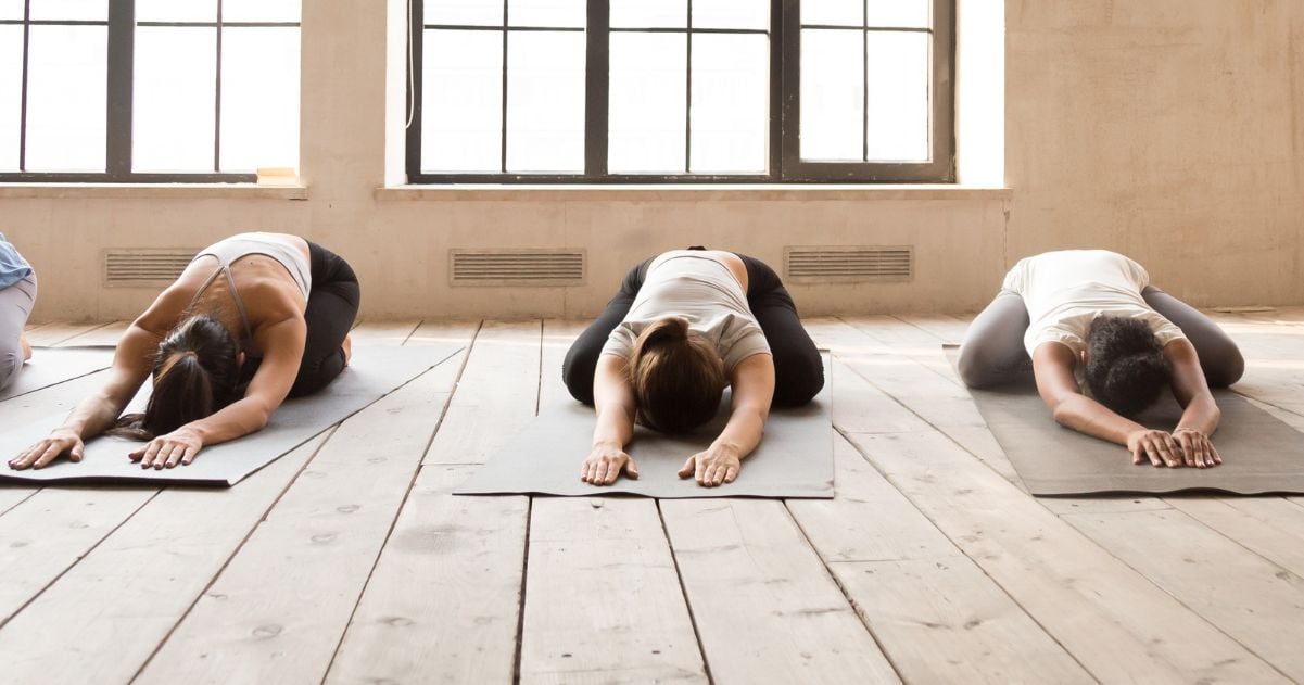 A group practicing yoga together in a yoga studio.