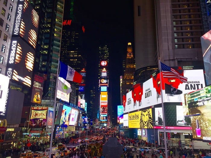 Nighttime shot of Broadway at Times Square.