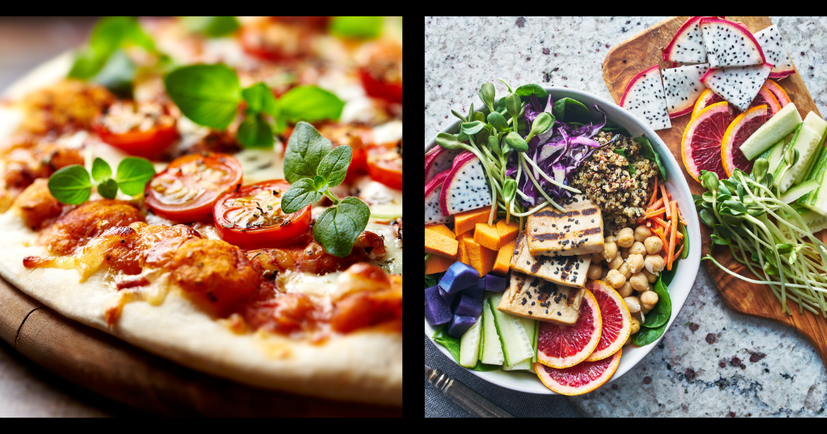 A split image of a vegetarian pizza on a wood cutting board  on the left and a vegan salad in a bowl on a quartz counter with various vegan ingredients on a wood cutting board on the right.