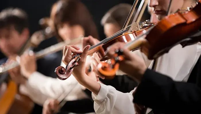 Close-up of violinists playing in an orchestra during a performance.