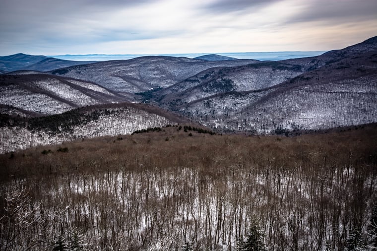 Aerial view of winter in the Catskill Mountains