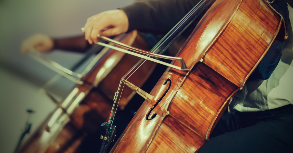 A person playing the cello in an orchestra.