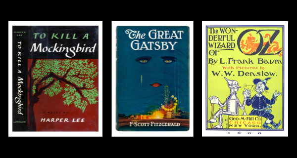 Photo collage of classic novels of books To Kill a Mocking Bird, The Great Gatsby, and The Wonderful Wizard of Oz.