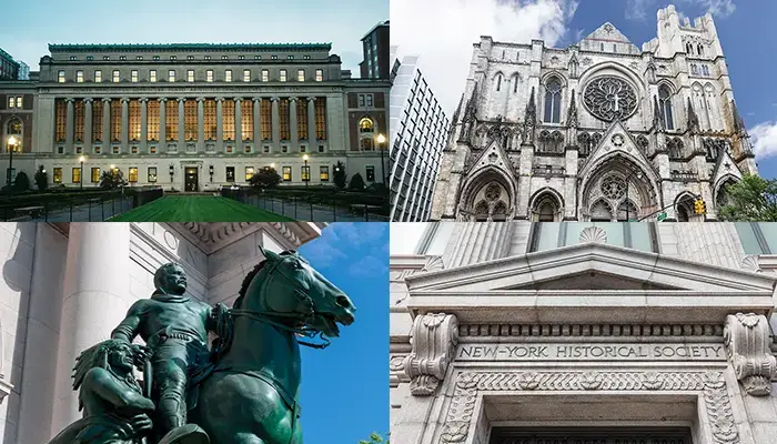 Collage of iconic Upper West Side landmarks, including the Columbia University Library, the Cathedral of St. John the Divine, the Theodore Roosevelt equestrian statue, and the New-York Historical Society building facade.